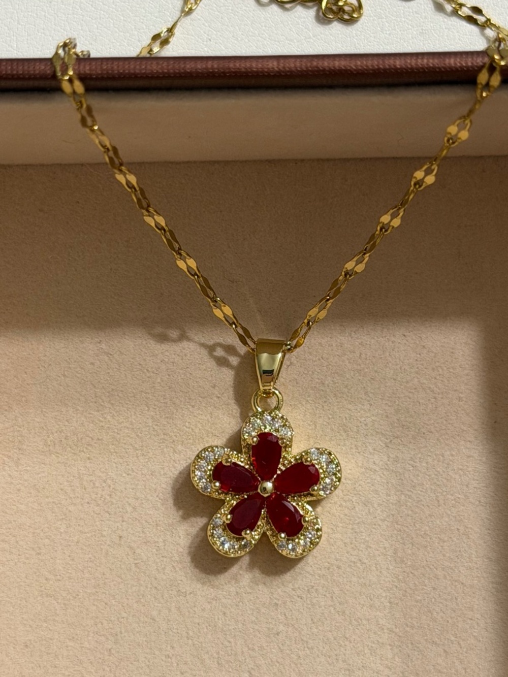 Golden Red Zirconia Petal Flower Pendant Stainless Steel Stamped Necklace Chain